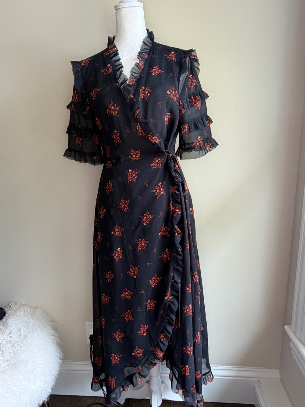 Zara Collection Women's Medium Black Maxi Floral Ruffle Wrap Dress